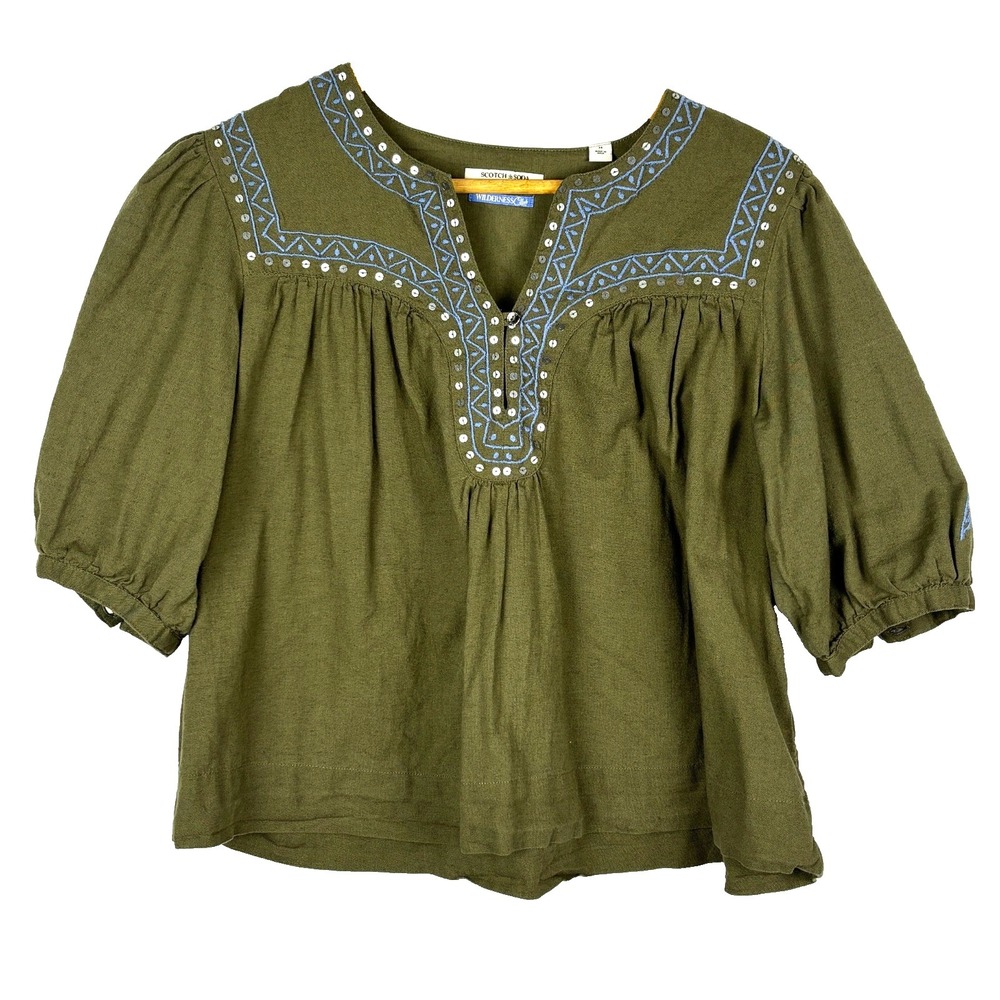 Scotch & Soda Women Embroidered Crop Puff Sleeve Peasant Blouse Sz S Cotton Boho